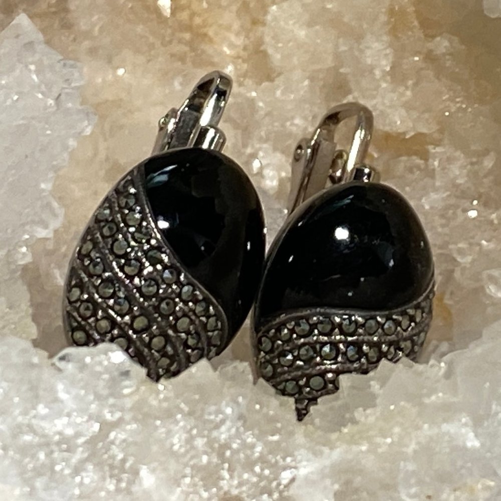 Sterling silver clip back oval earrings w /marcasites & black stone onyx?